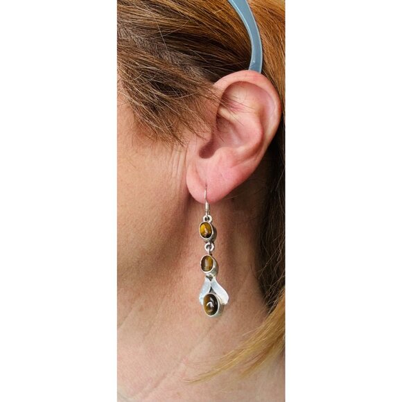 925 Sterling Silver Drop Dangle Earrings with Tiger's Eye Gemstones, Hook Back - Picture 6 of 11
